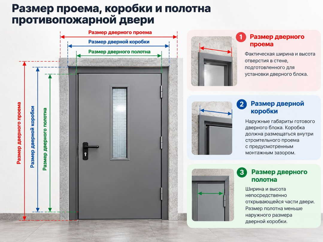 Размер проема, коробки и полотна противопожарной двери