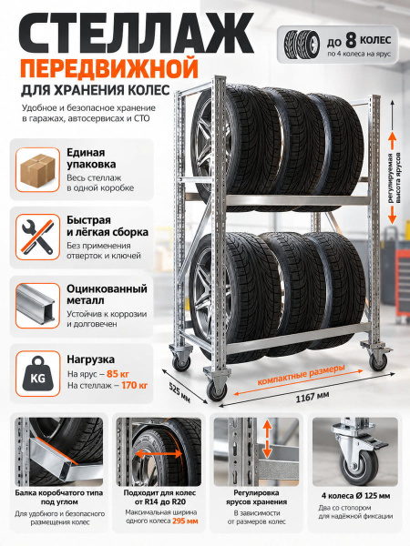 Стеллаж для колес MS Pro мобильный 1350х781x606 (2 яруса без настила)